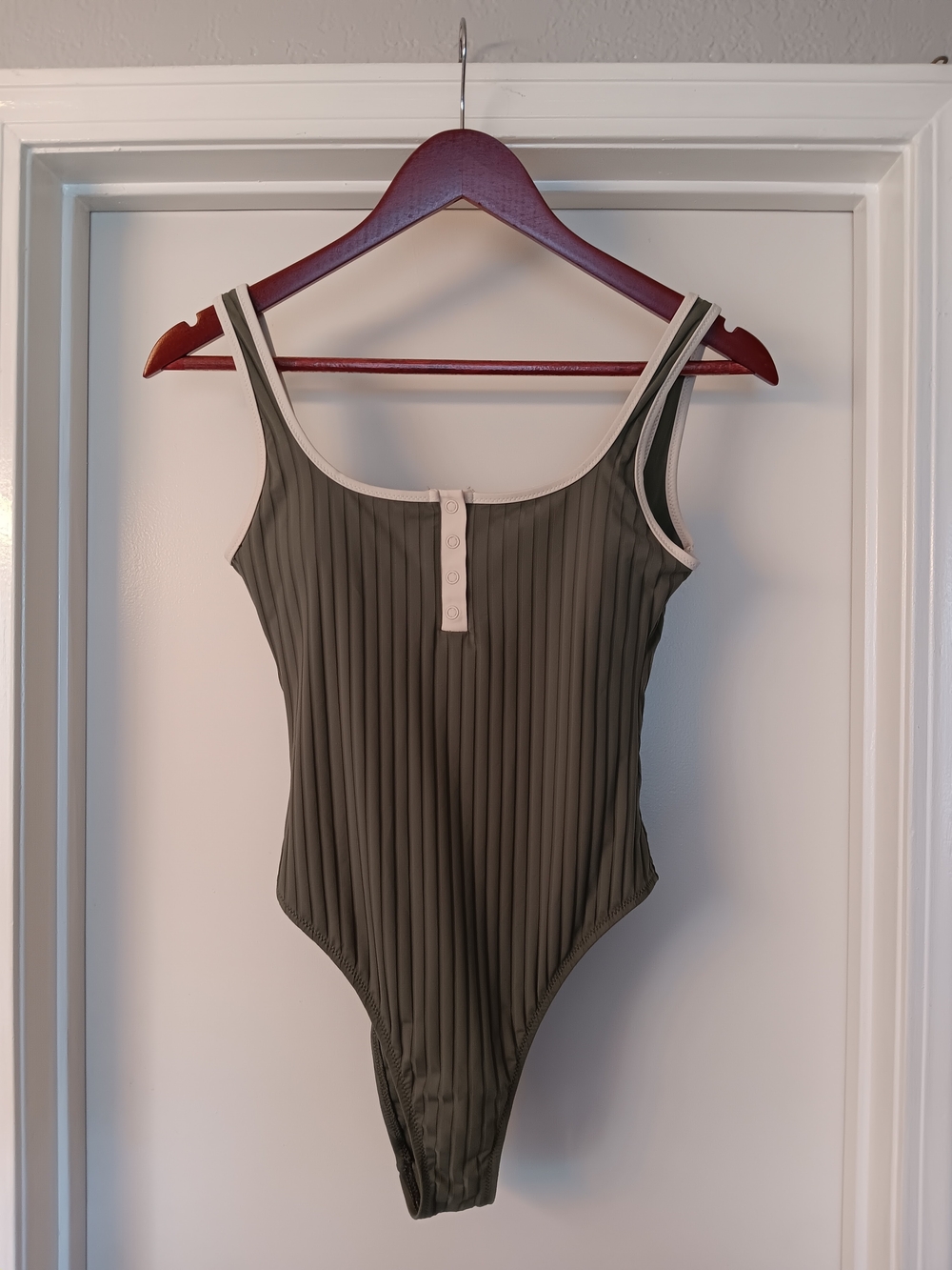 aerie Olive Green Ribbed One-Piece Cheeky Swimsuit with Cream Trim